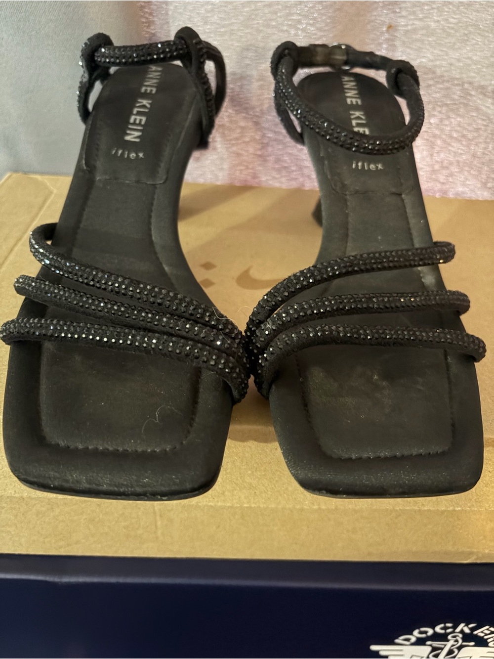 Anne Klein Black Beaded Strappy Square-Toe Heeled Sandals